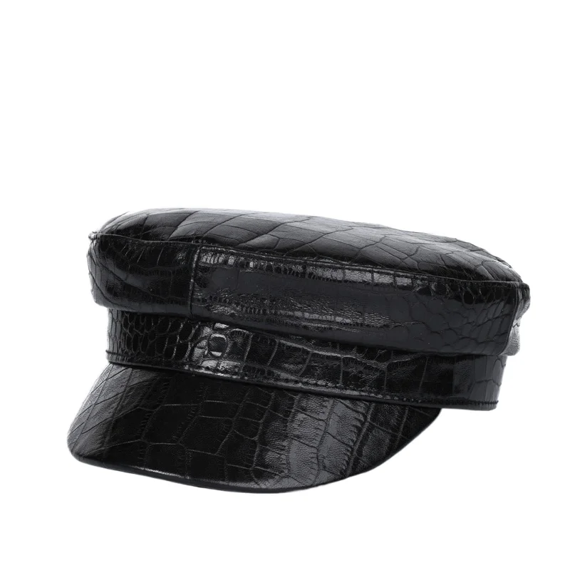 Fashion Winter Men Genuine Leather Crocodile Pattern Navy Hat Female European/American Retro Simple Flat Top Caps Street Beret