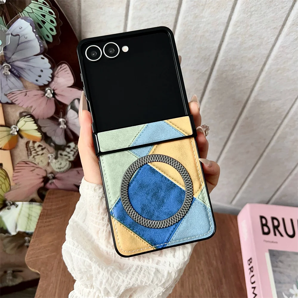 สีสัน Splicing หนังแม่เหล็กสําหรับ Samsung Z Flip 7 6 5 zflip 4 3 5G สําหรับ Magsafe ไร้สายชาร์จบานพับฝาครอบ