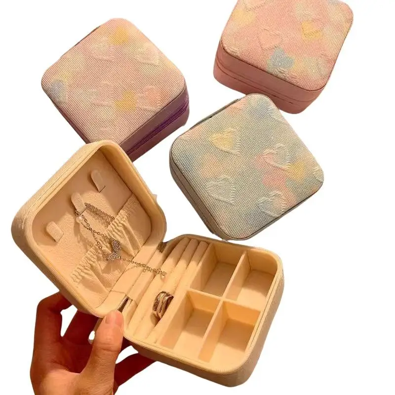 Portable Travel Jewelry Storage Box With Cute Heart Embroidery Multi Compartment For Daily Use Short Trips