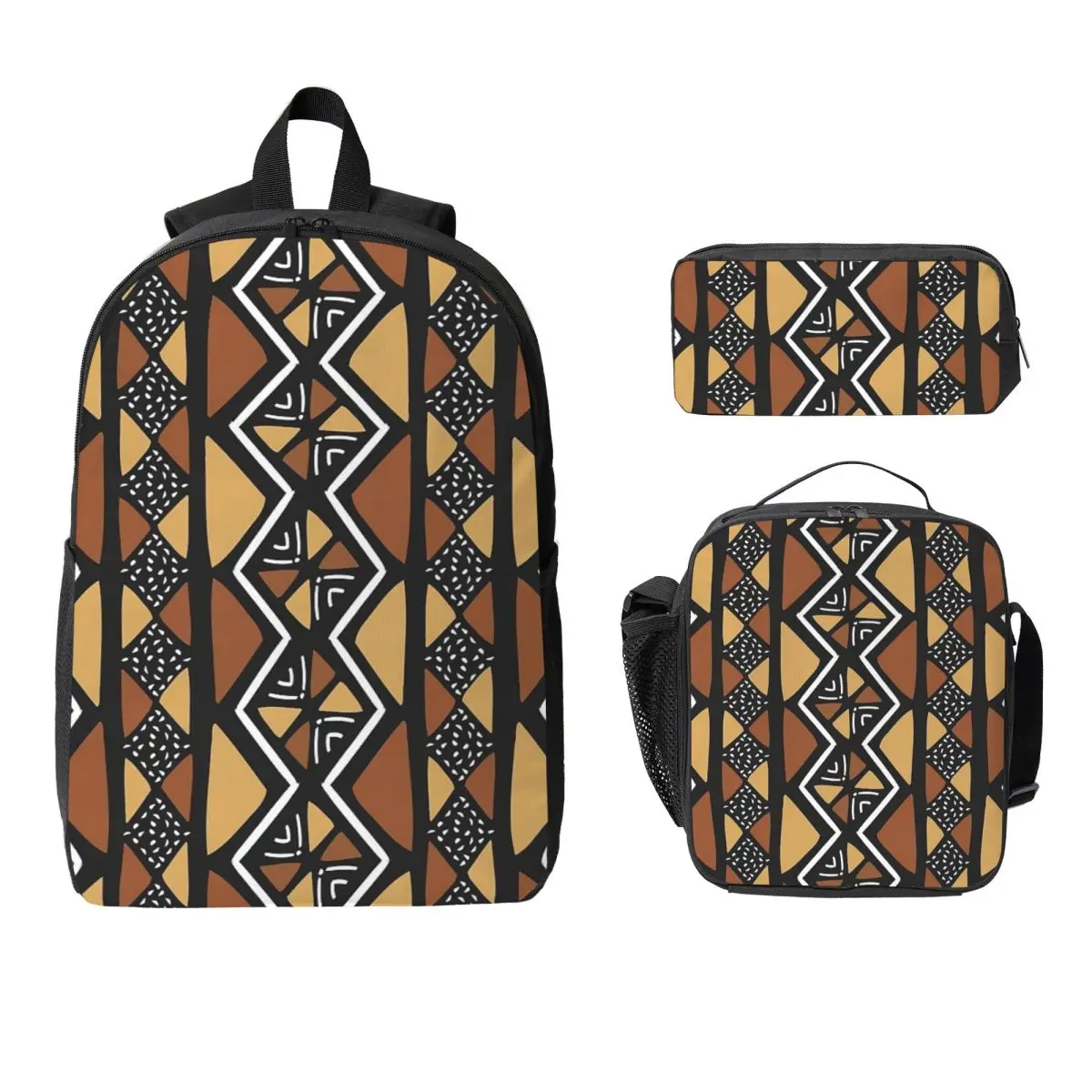 

African Mud Cloth Mali Backpack Student Boys Girls BookBag School Bag Laptop Shoulder Bags 3ps Insulated Lunch Bag Pencil Case