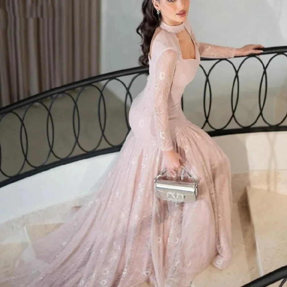 Vestido De Novia elegante De gasa con apliques De sirena para mujer, Vestido De Novia Sexy con cuello alto y manga larga para baile, Vestido De Novia personalizado