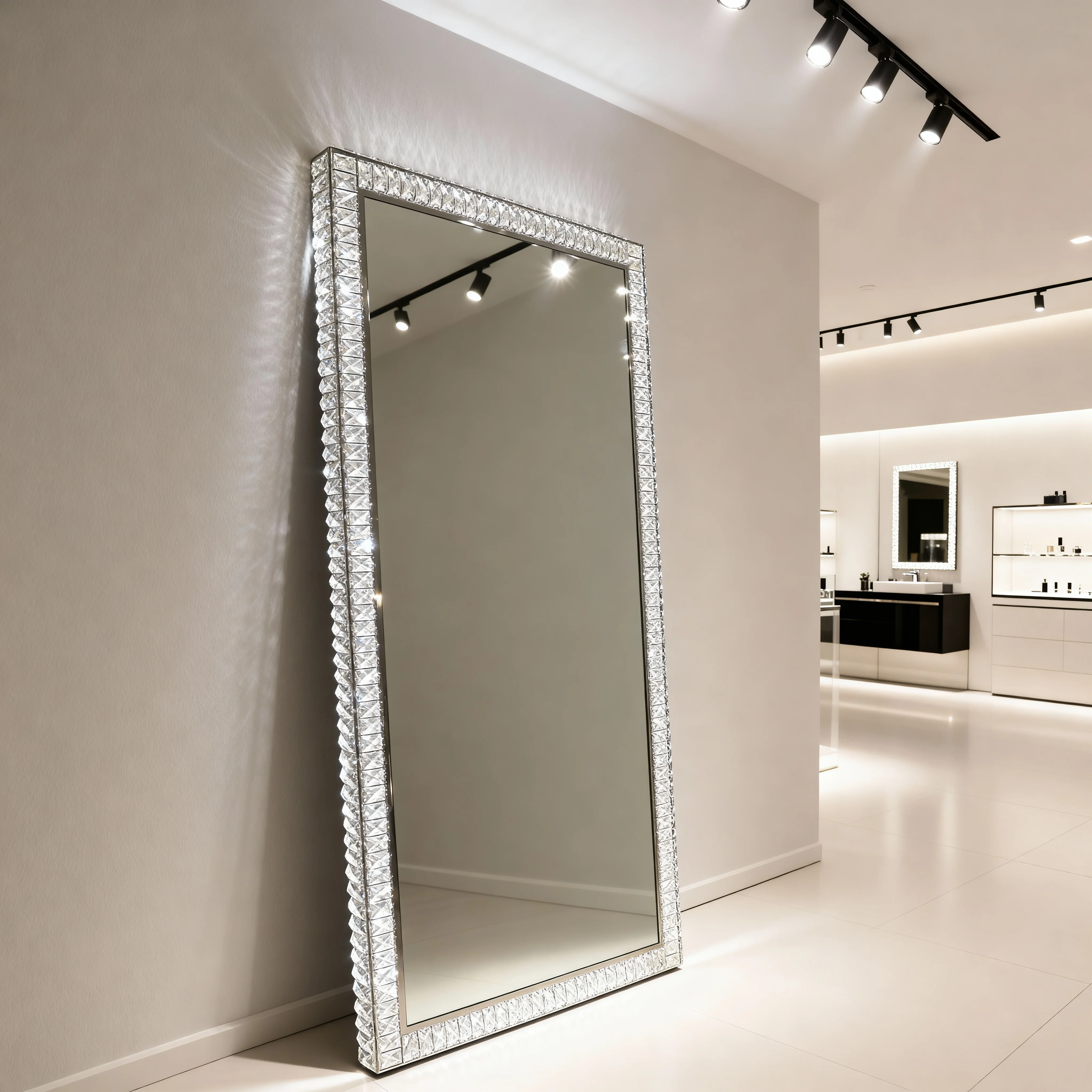 CCT 3-Light LED Bathroom Mirror Anti-Fog Smart Wall Full-Length Crystal Mirror Modern Illuminated Design