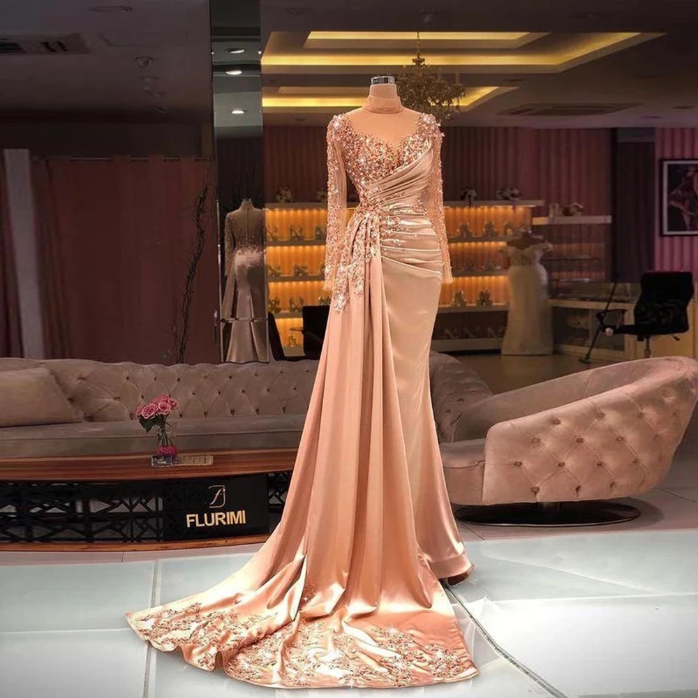 2024 Mermaid Sexy Prom Dresses Sheer Neck Beaded Sequins Arabic Aso Ebi Luxurious Blush Pink Long Sleeve Evening Gowns Plus Size