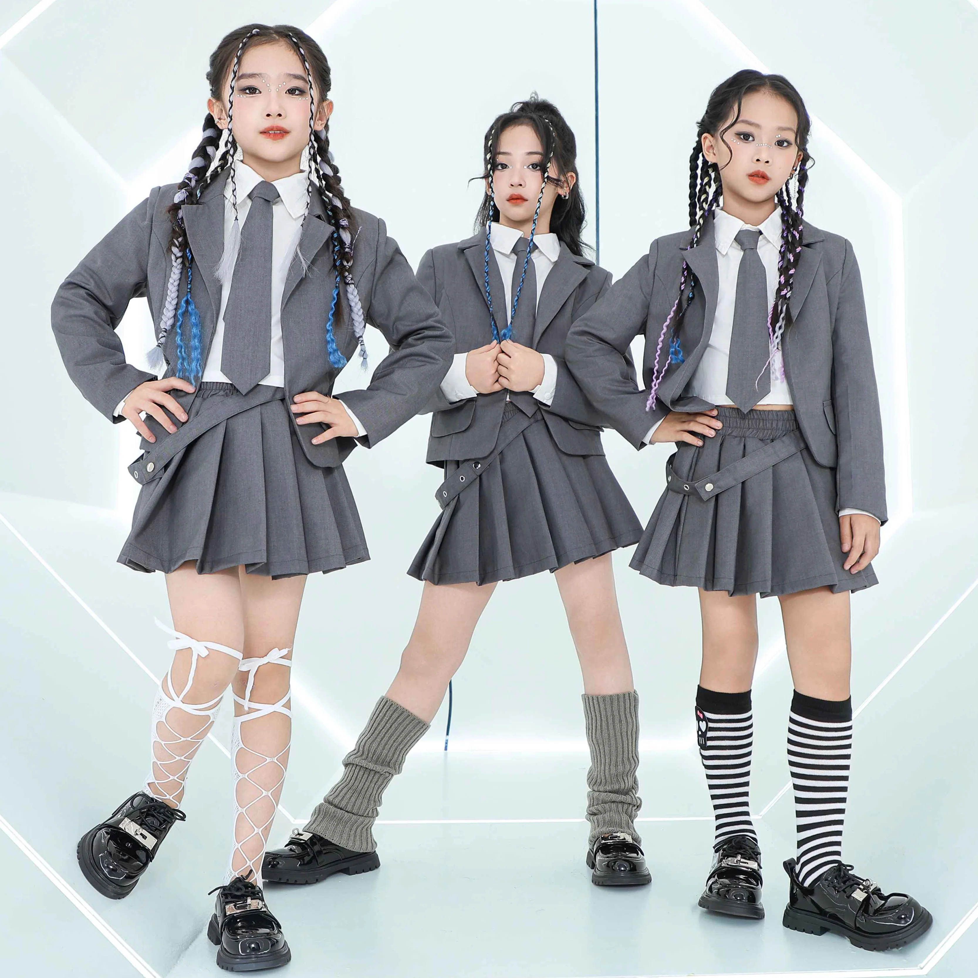 Girls Jazz Costume Grey Suit Coat Pleated Skirt JK Style Cheerleading Dance Clothes Kids Stage Performance Clothing Suit BL14071