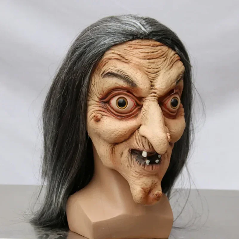 Máscara de bruja vieja aterradora de látex con pelo, vestido elegante de Halloween, disfraz de fiesta de mueca, accesorios de máscaras de Cosplay, Escape de casa fantasma Adu MN12