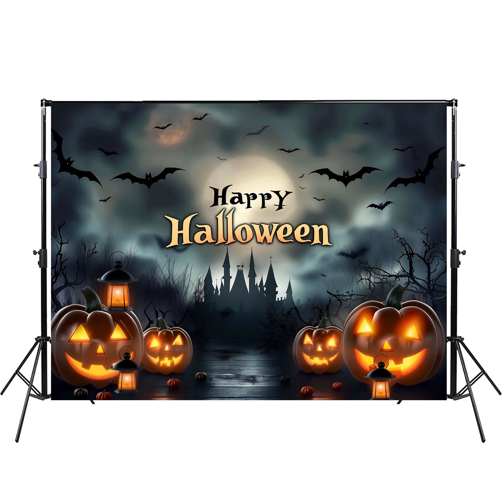 Spooky Halloween Backdrop with Pumpkins Bat Lanter Photography Backdrop for Halloween Party Decoration Props BG-1637