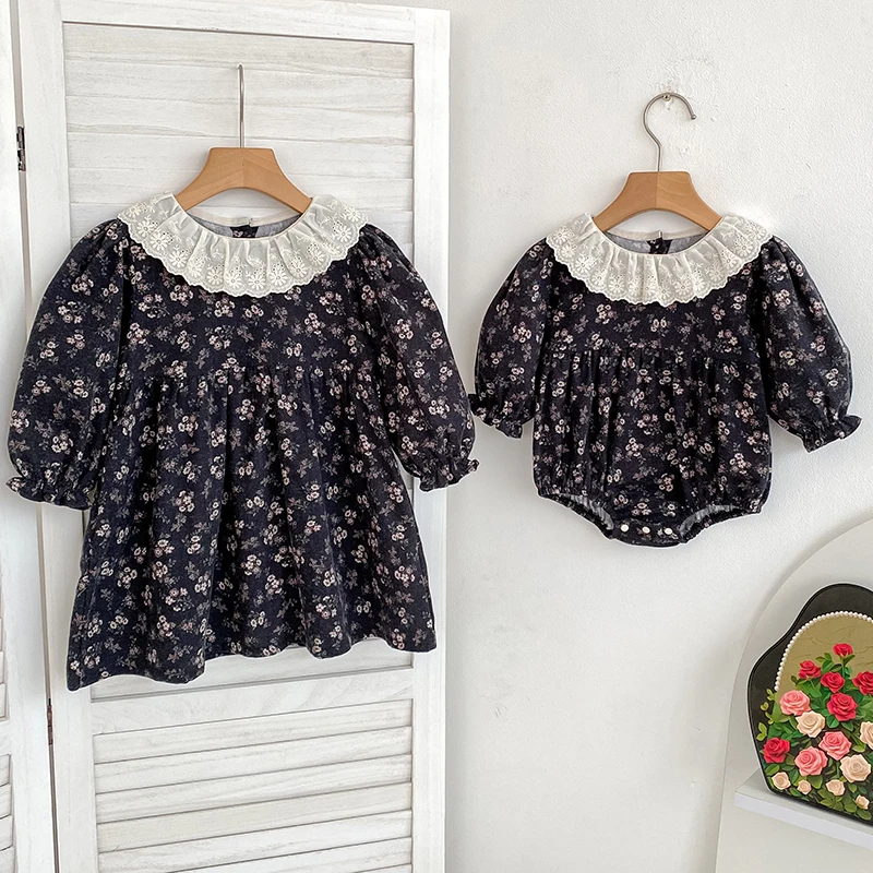 Schwester Kleid Kinder Prinzessin Kleider 2023 Herbst Baby Mädchen Schwarz Blumen Strampler Spitze Schwestern Kleidung Baumwolle Baby Mädchen Party Kleid