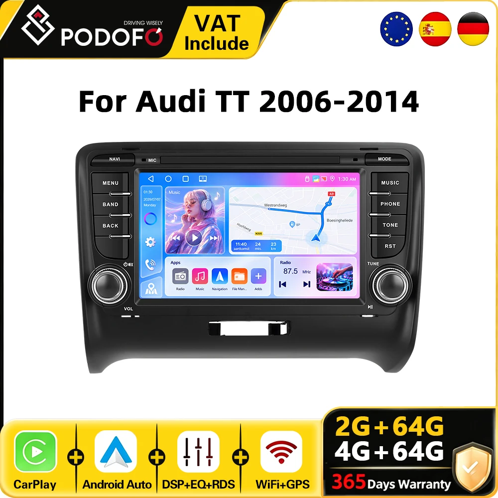 Lecteur multimédia Android pour voiture Podofo 7'' 4G+64G pour Audi TT 2006-2014, systèmes de voiture intelligents, CarPlay, Android Auto, autoradio, GPS, navigation, WiFi, BT, FM, autoradio, unité principale