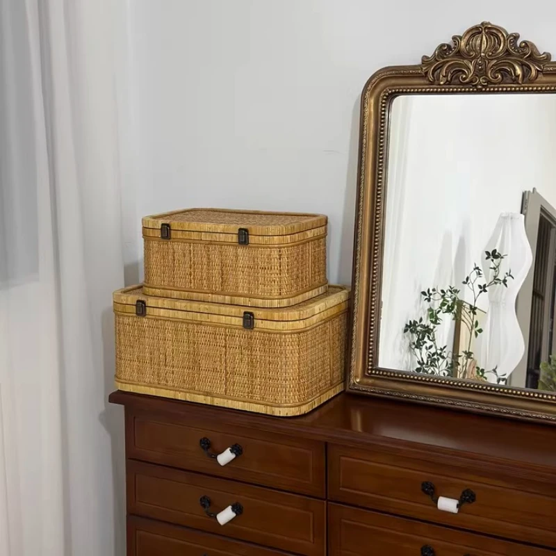 

Ins Nordic Storage Case Retro Rattan Weaving Organization Boxes Dust with Cover Clothes Cabinet Versatile Practical Toy Basket
