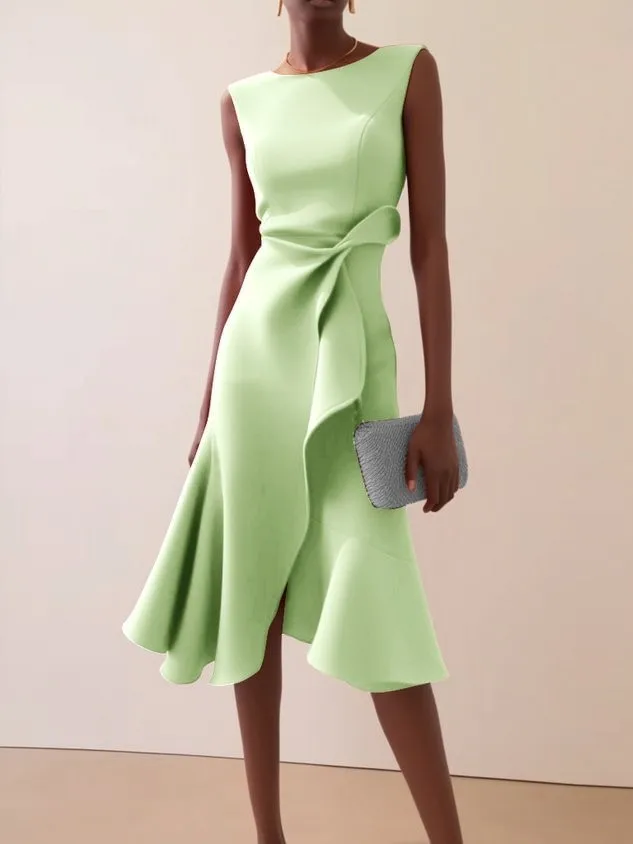 Wedding Guest Dress Prom Sleeveless Red High Waist Pleated Midi Dresses Knot Detail Fitted Bodice Evening Dress Gala Formal