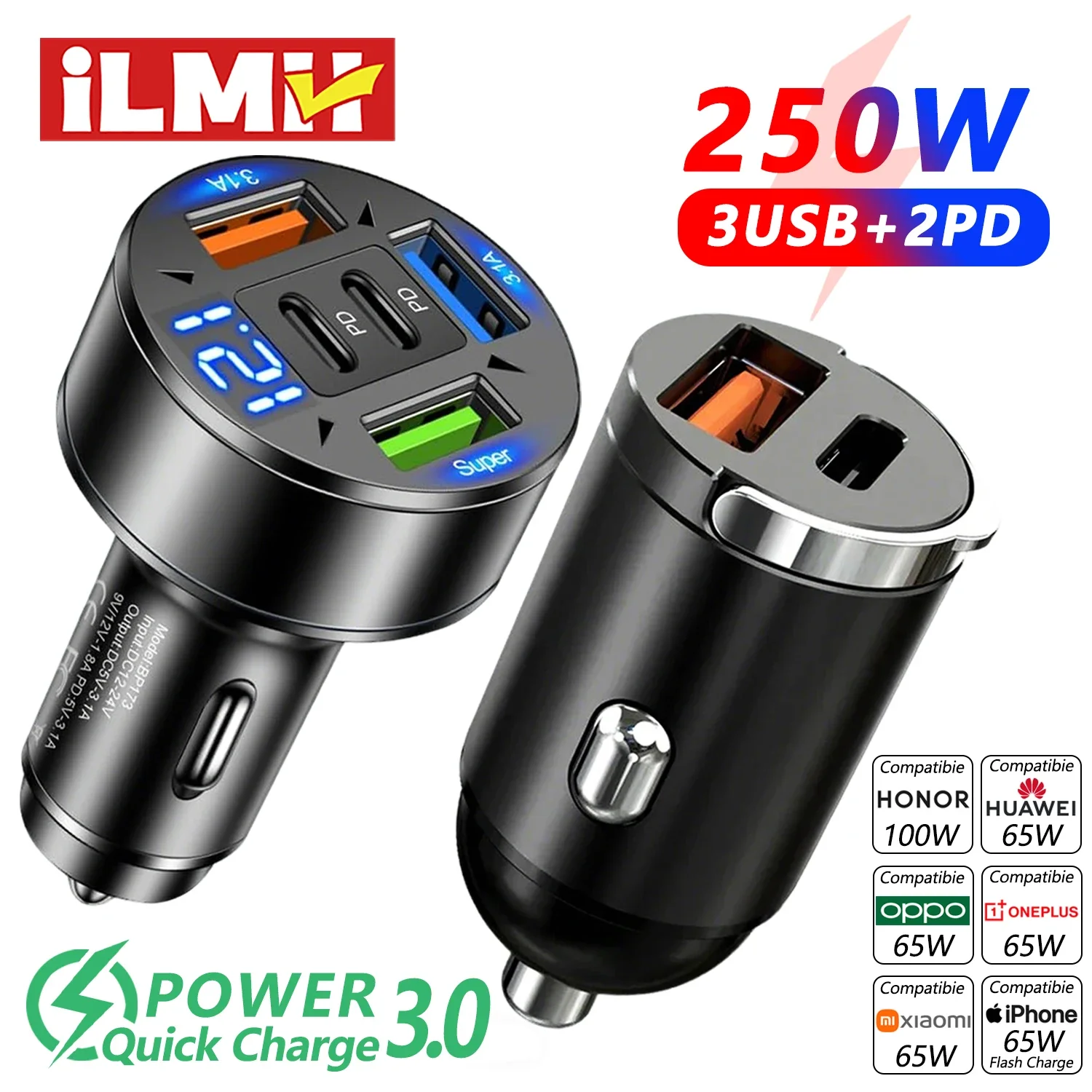 ​250W 5-Port PD QC3.0 Fast USB-C Car Phone Charger Type C Adapter In Car with Pull Ring​​ For IPhone12-16/Xiaomi/Samsung/Huawei