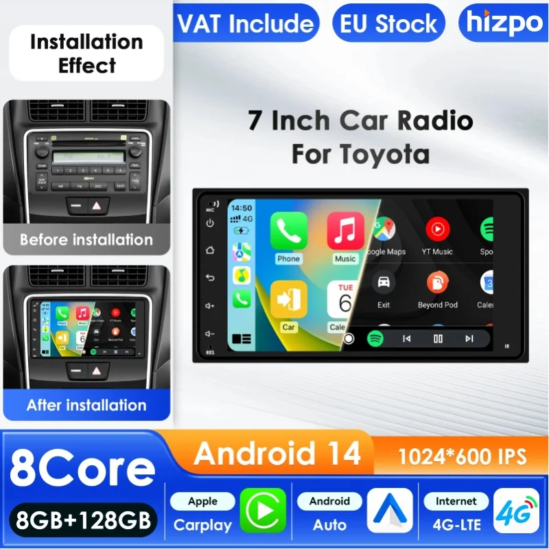 Hizpo 7-calowe radio samochodowe Carplay 4G Android 14 do Toyota RAV4 Corolla Camry Echo Alphard FJ Cruiser, multimedialny odtwarzacz wideo, GPS, 7-calowy inteligentny ekran samochodowy, wyświetlacz — 2