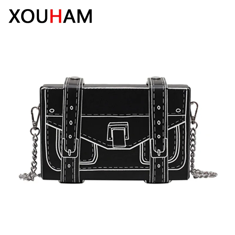 XOUHAM-Bolso cruzado de cuero PU para mujer, bandolera con cadena Vintage, pequeño, cuadrado, con bolsillo, estilo coreano