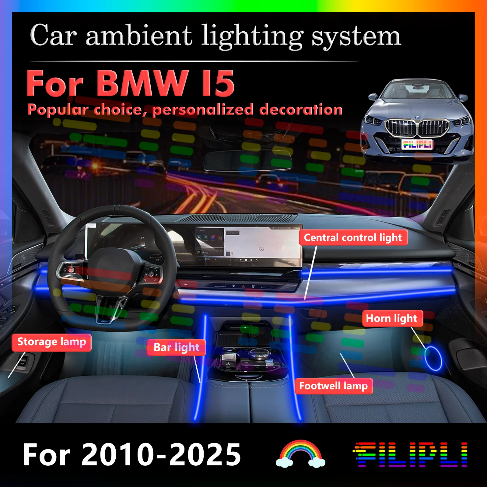 

Для BMW i5 умный пульт дистанционного управления салона автомобиля окружающее освещение RGB 64 цвета светодиодный энергосберегающий эффективный комплект ламп