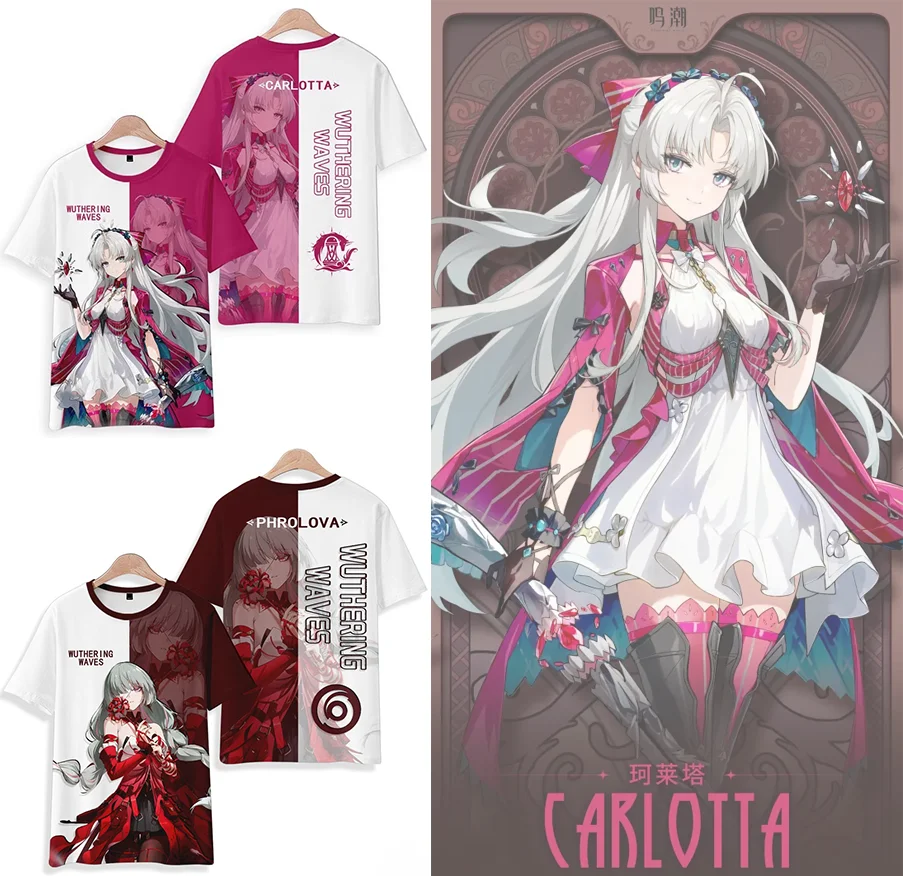 Game Wuthering Waves Carlotta Role Playing T-shirt 3D Phrolova Print Unisex Anime Tees Men/Women Short Sleeve Tshirt Kid Y2k Top