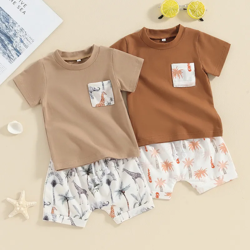 

Toddler Boys Summer Outfits Animal Print Short Sleeve T-Shirt and Elastic Shorts for 2 Piece Vacation Clothes Set