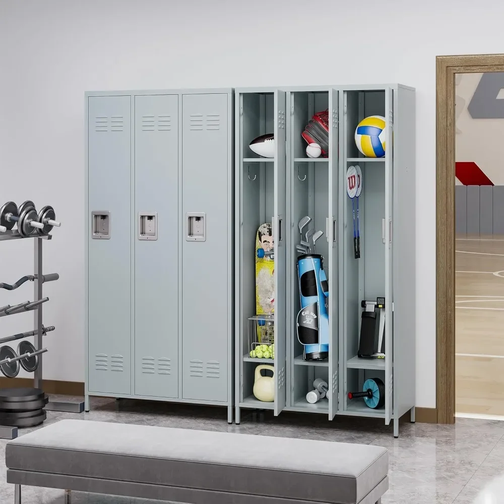 Metal Locker with 3 Doors Employees Locker, Metal Storage Locker with Hooks, 71