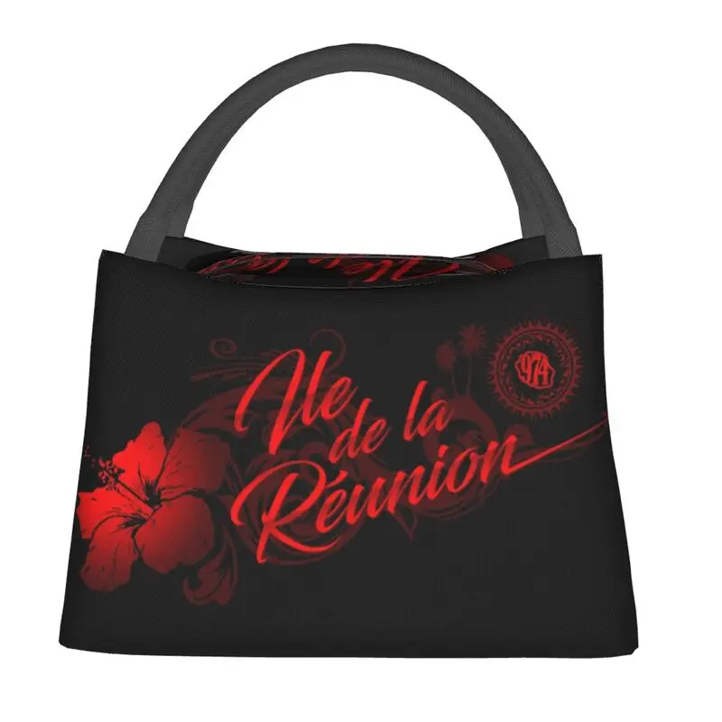 Reunion Island 974 Insulated Lunch Bags for Camping Travel Red Hibiscus Resuable Thermal Cooler Lunch Box Women