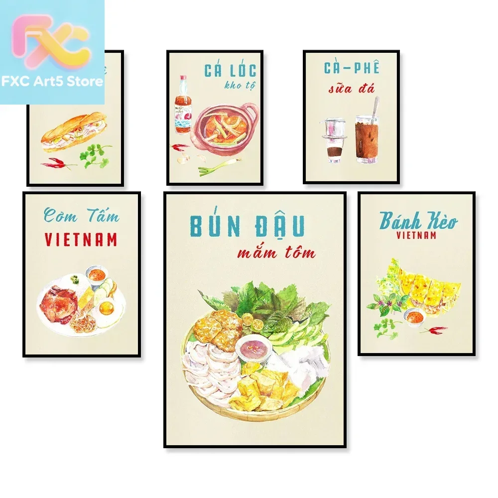 1 póster de comida vietnamita sin marco, pescado estofado, fideos de tofu con pasta de camarones, fideos, rollitos primaverales, restaurante de cocina asiática
