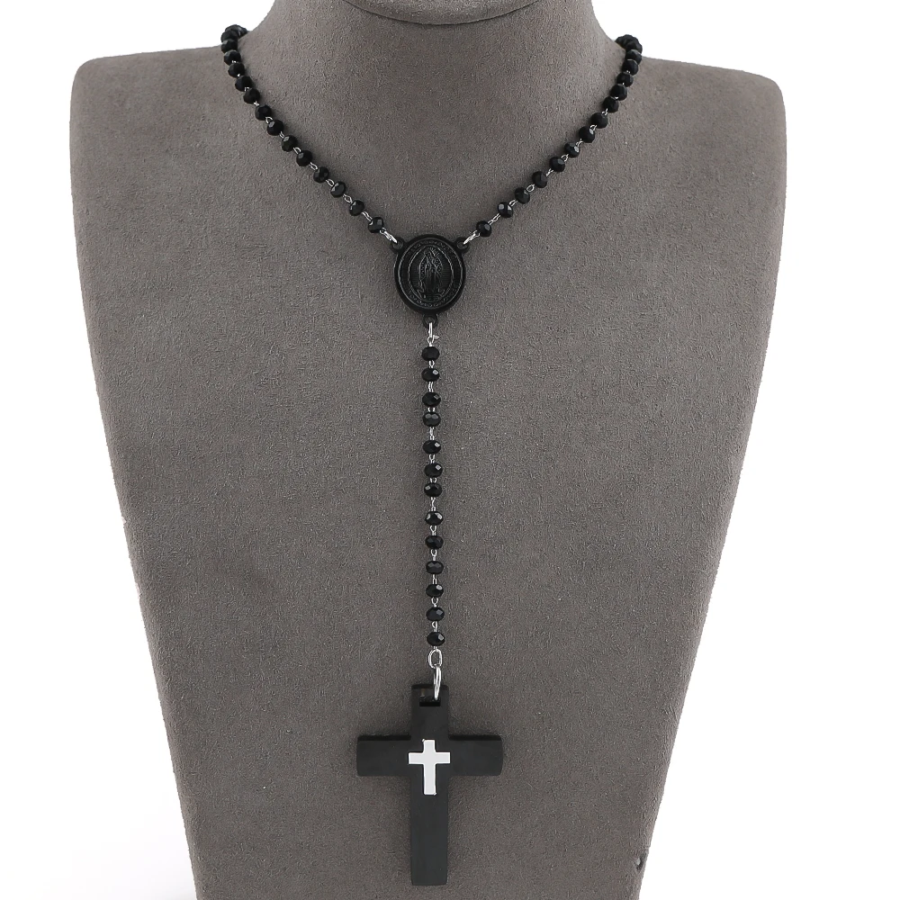 

Catholic Virgin Mary Miraculous Medal Cross Rosary Prayer Bead Black Glass Chain Necklace Stainless Steel Pendant Amulet Jewelry