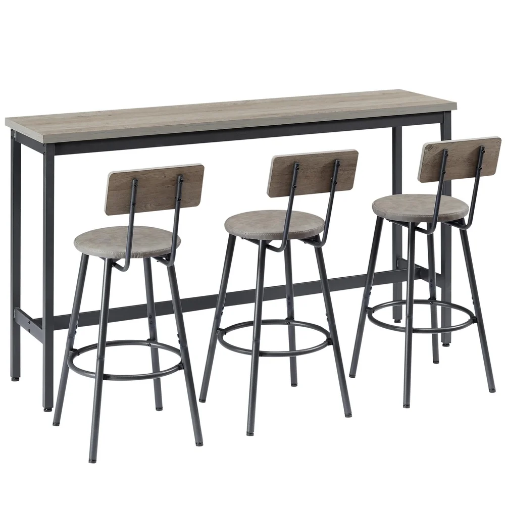 Long Bar Table Set with 3 Comfortable PU Stools Modern Kitchen Dining Rustic Industrial Furniture