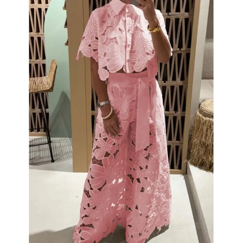 

Elegant Women's Sets Sexy Lace Hollow Shirt Short Top + Wide-leg Pants Two Piece Set Women Suits Fashion Solid Color Sets Female