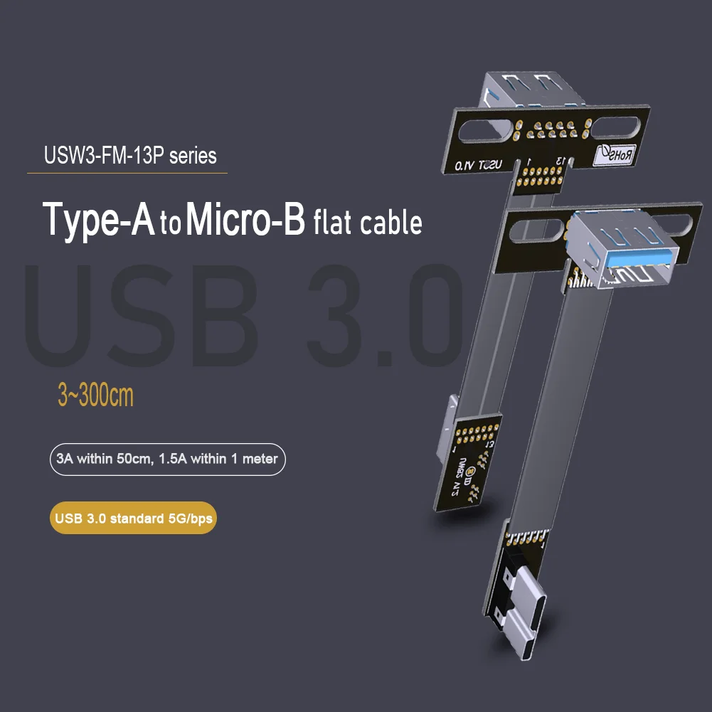 Double Angled Micro USB 3.0 Male to Type a Female Cable up down Left Right FPV Flat Ribbon Aerial Cord for Data Sync Charging