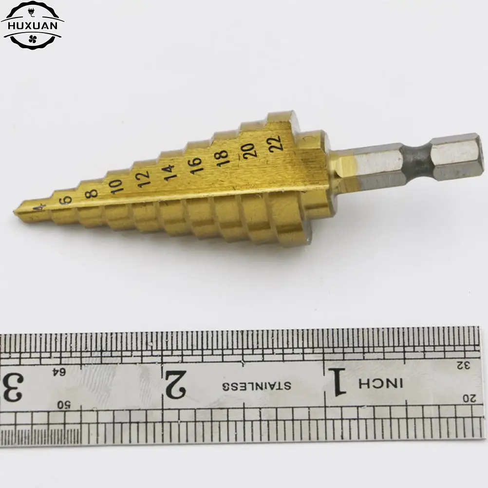 1Pcs Durable 4-22MM HSS Hex Titanium Coated Step Cone Drill Bit Power Tool for Woodworking Hole Cutter