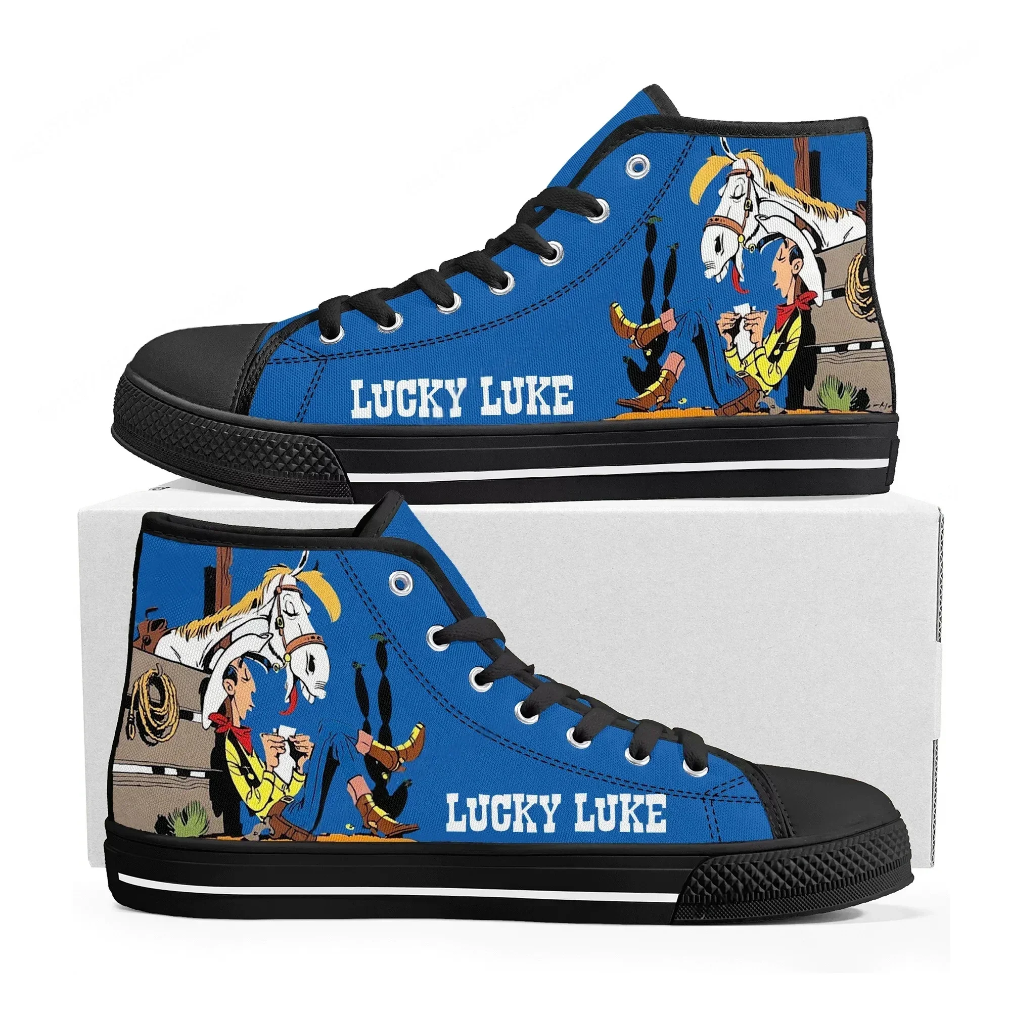 

Кроссовки Lucky Luke High Top для мужчин и женщин, ковбойские кроссовки высокого качества из канваса, повседневная обувь с аниме-принтом, изготовленная на заказ