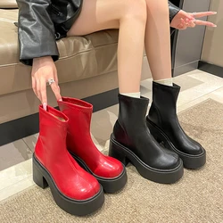 Punk Style Women Ankle Boots Fashion Round Toe Slip On Shoes Autumn Winter Thick High Heel Ladies Knight Short Booties