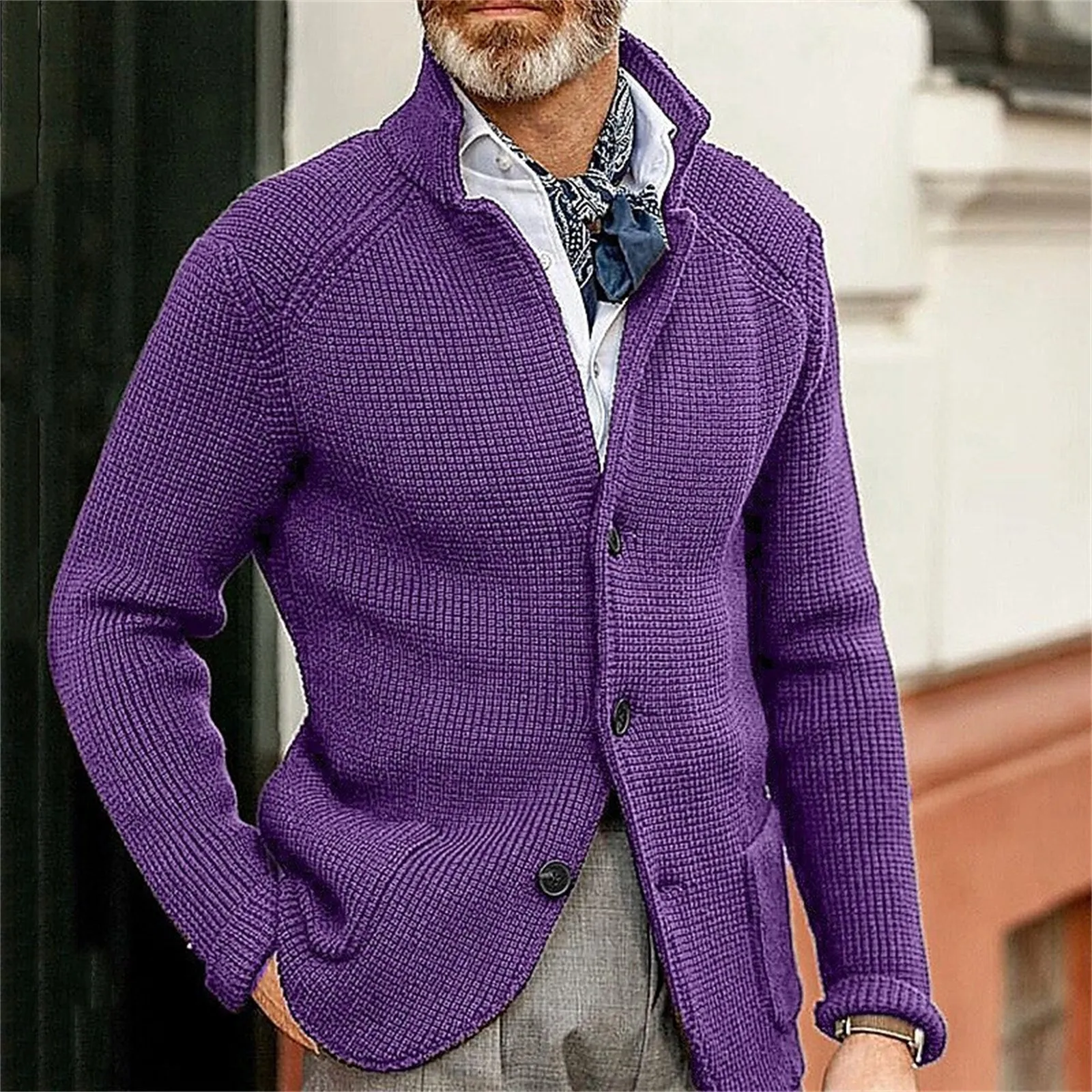 

Men Stand Collar Knitted Coat Chunky Needle Thickened Suit Sweater Cardigan Solid Color Slim Knitting Sweatercoat Male Clothing