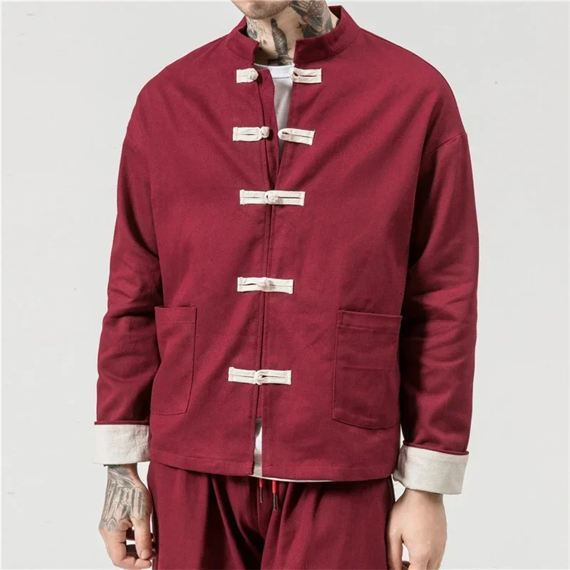 TPJB Chinese Traditional Retro Coat Man Autmn Long Sleeve Tang Suit Mandarin Collar Buckle Jacket Oriental Cotton Kung Fu Shirt