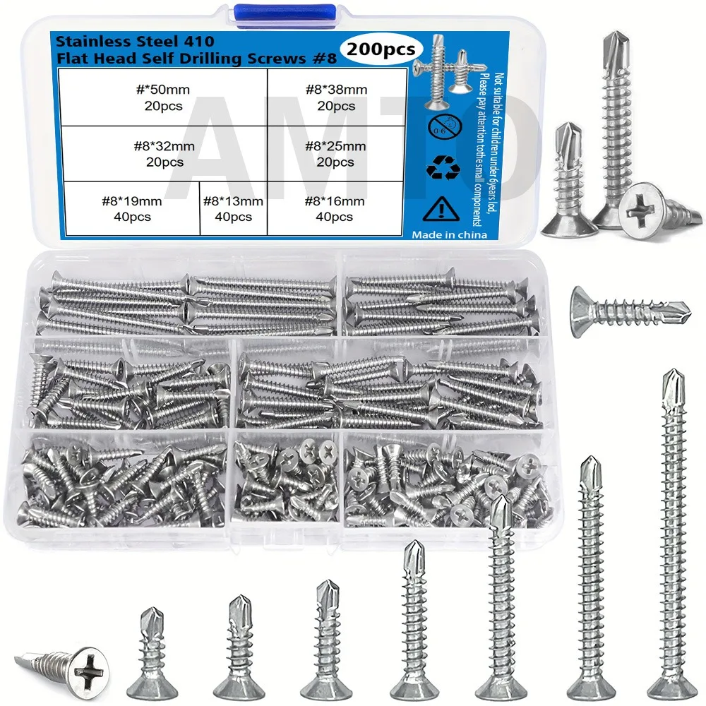 200 Pieces of 304 Stainless Steel Phillips Head Self-Drilling Screws #8 - Length 13mm 16mm 19mm 25mm 32mm 38mm 50mm