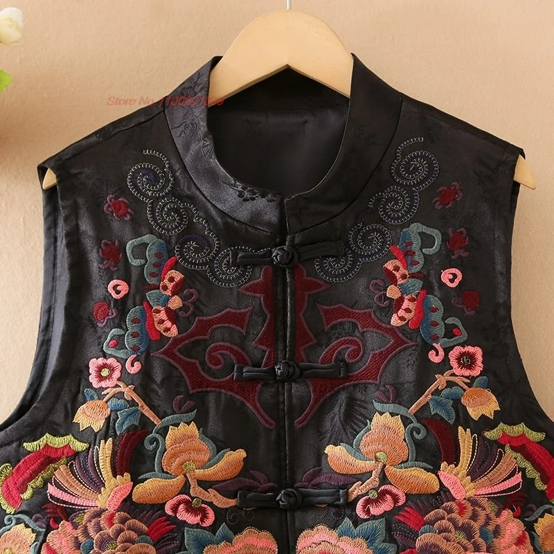 2024 nationale bloem borduurvest vintage opstaande kraag vest mouwloos jasje oosterse satijnen jacquard folk vest