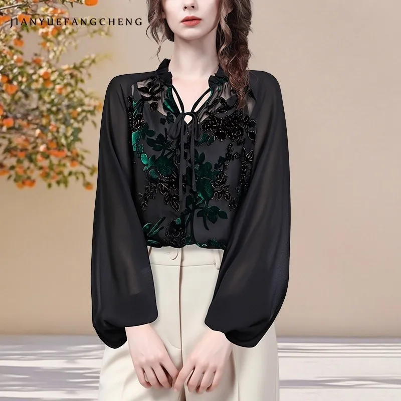 

Fashion Embroidered Women' Black Long Sleeve Velour Blouse Loose-fitting Plus Size Pullovers Top 2025 Fall Retro Casual Shirts