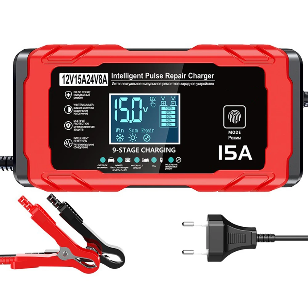 

Зарядное устройство для автомобильных аккумуляторов 12В 15А/24В 8А с интеллектуальной регулировкой тока, огнестойким материалом и защитой от перезаряда для мотоциклов