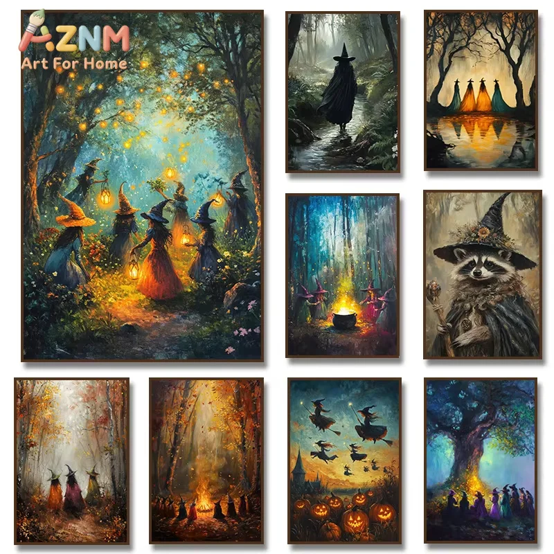 1PC Witchy Poster Dark Academia Forest Gothic Witch Canvas Paintings Wall Art Print Picture Mystical Halloween Rustic Decor