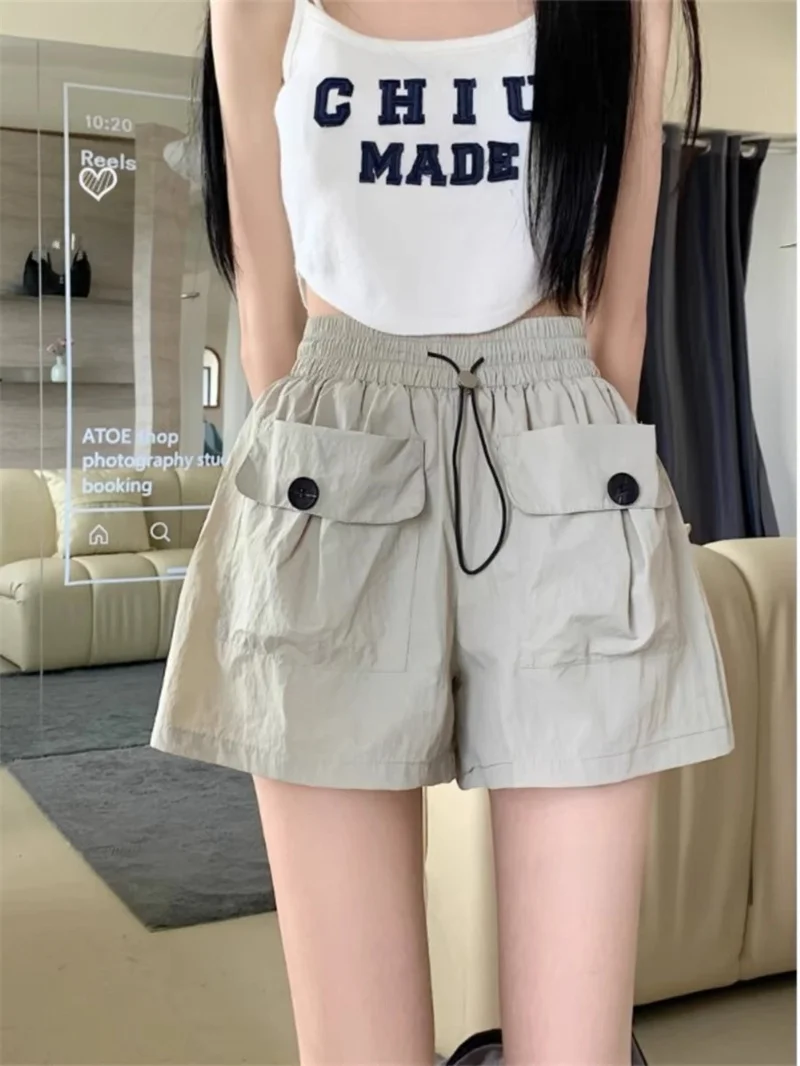 

High Waist Drawstring A-Line Workwear Shorts for Women Spring Korean Style Slimming Design Hot Girl Wide Leg Pants