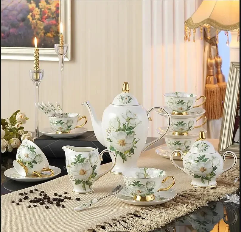 Camellia Bone China Coffee Set British Porcelain Tea Set Ceramic Pot Creamer Sugar Bowl Teatime Teapot Coffee Cup Mug Coffeeware