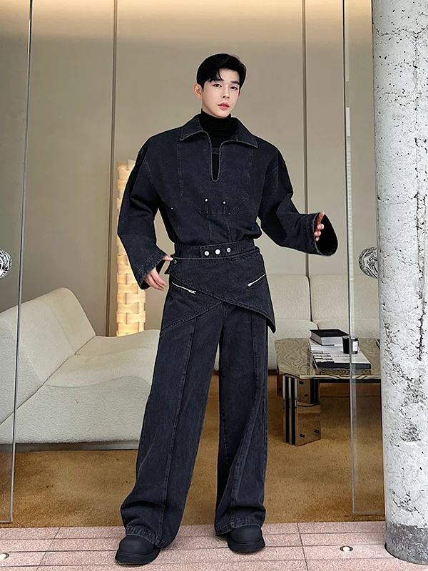 

Washed Denim Men's Fashion Set Autumn Wear Deconstructed American High Street Heavy Design Detachable Long Pants Trendy