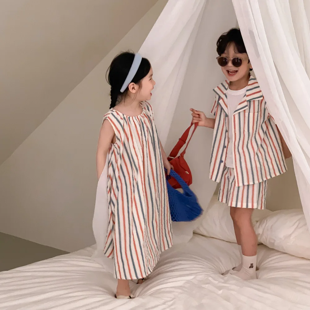 Summer Brother Sister Outfits Boy Children Striped Short Sleeves Shirt + Shorts 2pcs Girl Baby Cotton Sleeveless Fashion Dress