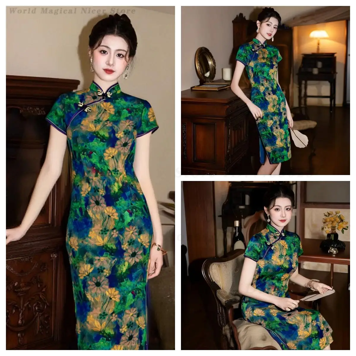 Young Teen Girls Elegant Cheongsam New Summer Green Printed Modified Chinese Qipao Retro Slim Daily Oriental Dress Sexy Vestidos