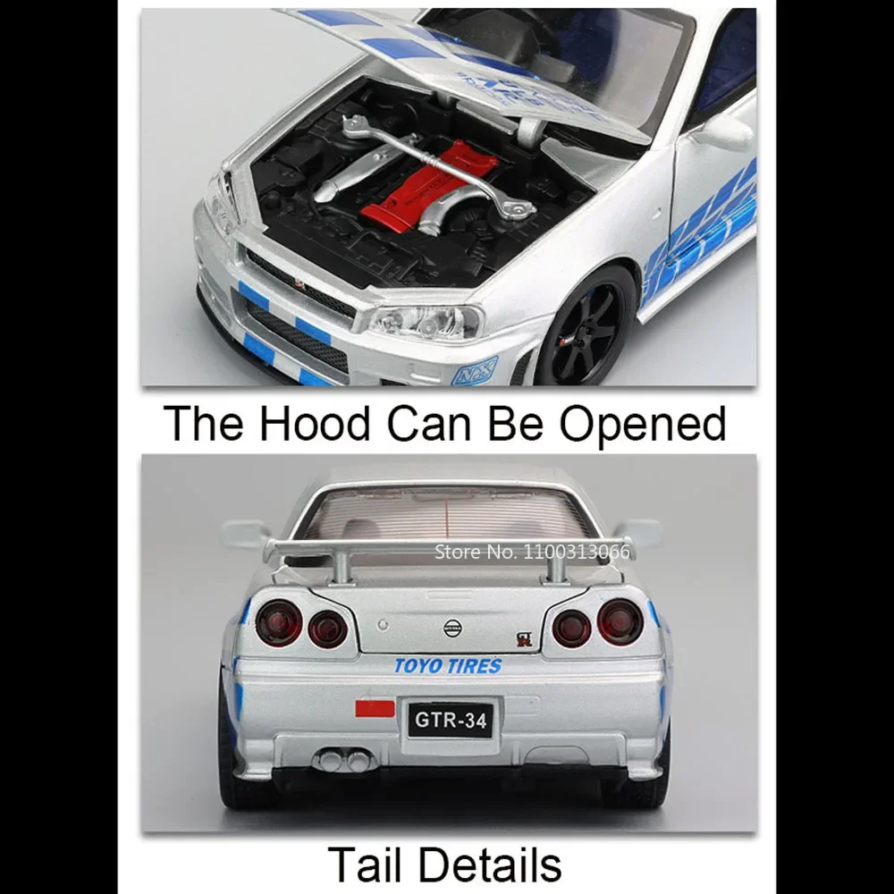 1:32 Alloy Nissan GTR R34 Modele Zabawki Samochody Gumowe Opony Koło Wycofać Supercar Światło Dźwięk Miniaturowy Pojazd Maluch Dzieci Prezent