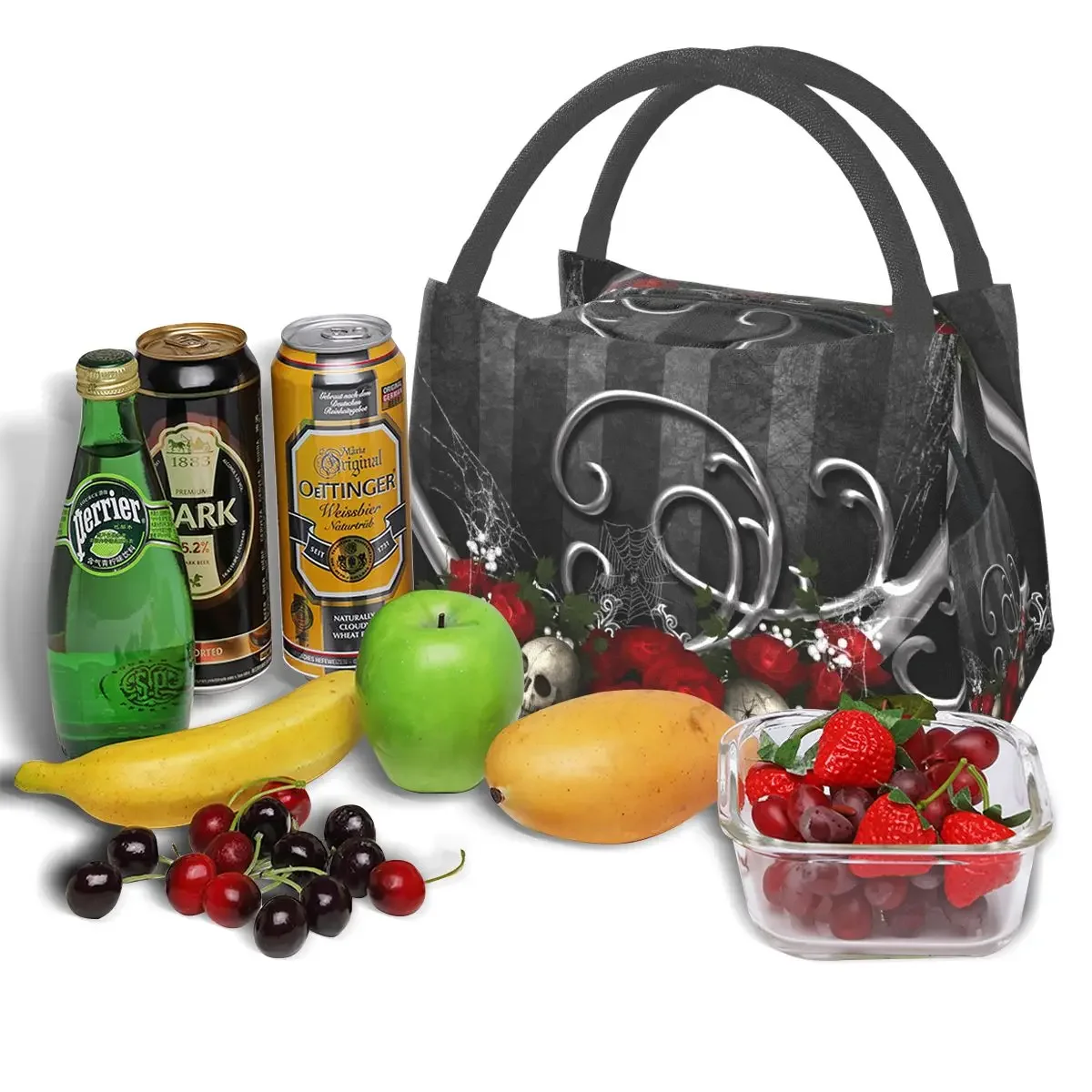 NOISYDESIGNS Portable Insulated Lunch Bag Women Gothic Rose Skull Print Oxford Cloth Food Case School Cooler Warm Picnic Handbag