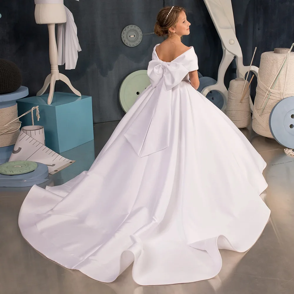 Vestidos elegantes de satén con lazo grande para niña, vestidos de flores con tren, vestido de primera comunión, vestidos de fiesta personalizados, vestido de boda para niña pequeña