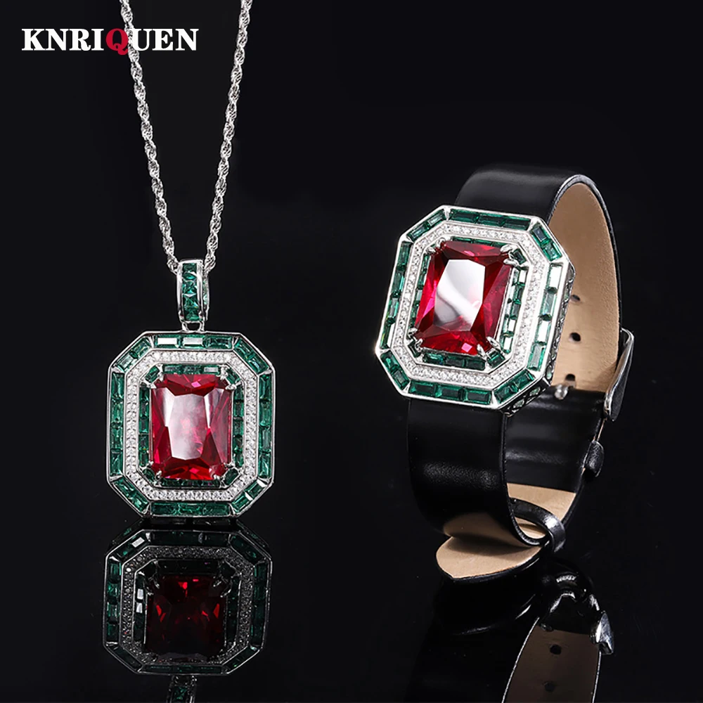 

Charms 100% 925 Real Silver 14*16mm Ruby Lab Diamond Pendant Necklaces Leather Wristband Gemstone Party Jewelry Sets for Women