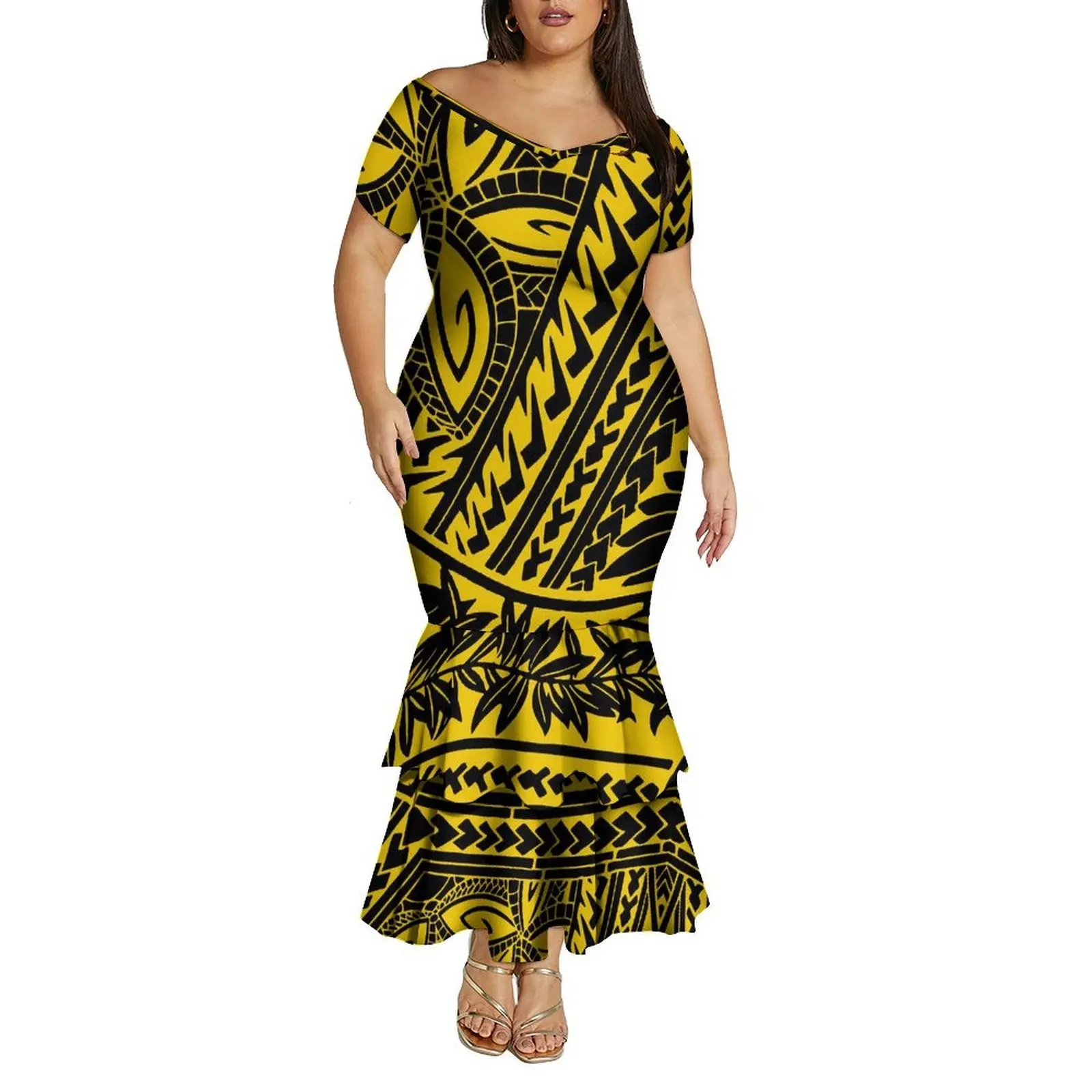 Vestido rabo de peixe de dupla camada com decote em V fora do ombro para mulheres polinesias vestido de emagrecimento de verão com padrão personalizado