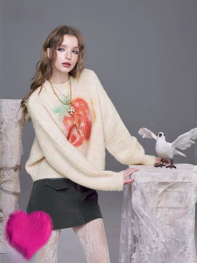 

Lazy Women's Knitwear Stberry Cake Print eep Wool Pink Sweet Top round Ne Long Sve Loose Fit Regular Thin