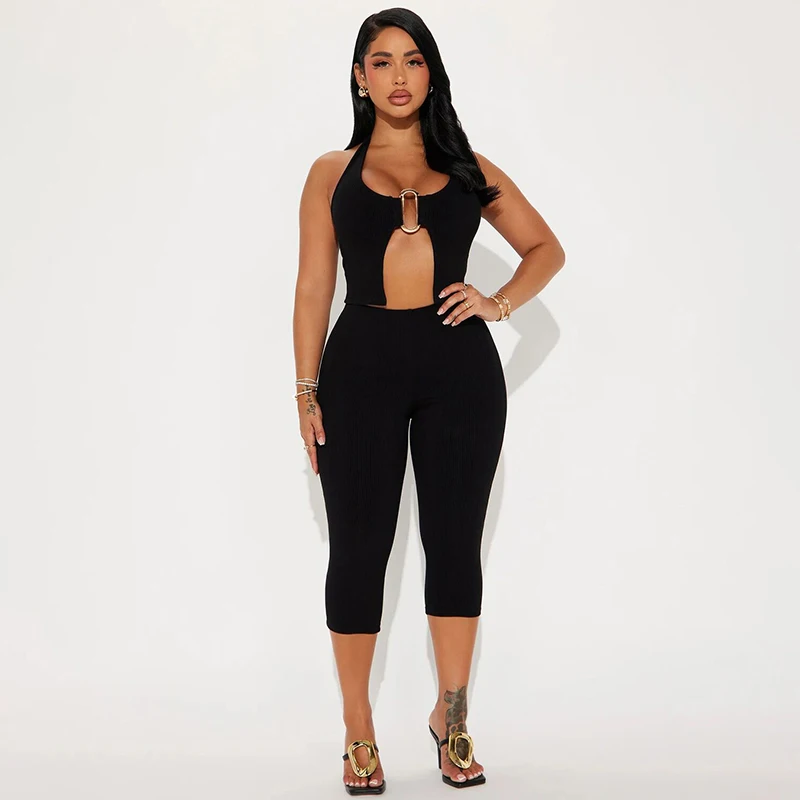 

CUTENOVA Women Metal Button Hollow Out Hanging Neck Tie Rope Backless Tank Top+Low Waisted Package Hip Five Points Pant Thin Set
