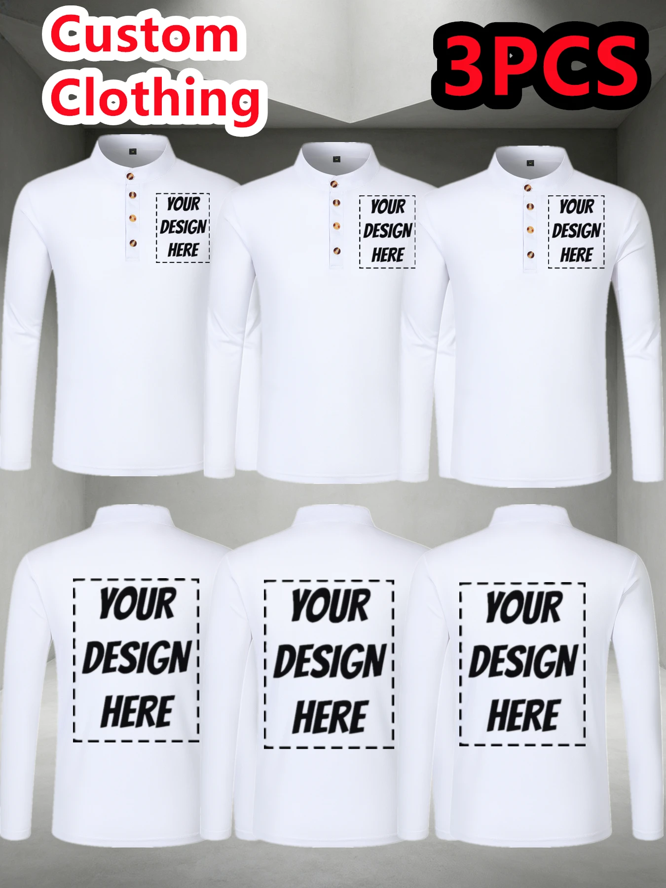 3-piece custom men's long-sleeved polo shirt, with personalized text/graphics/logos/images, solid color design